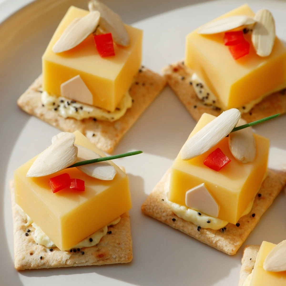 Adorable Alpine Village appetizers featuring cheese houses with almond roofs on snowy crackers.