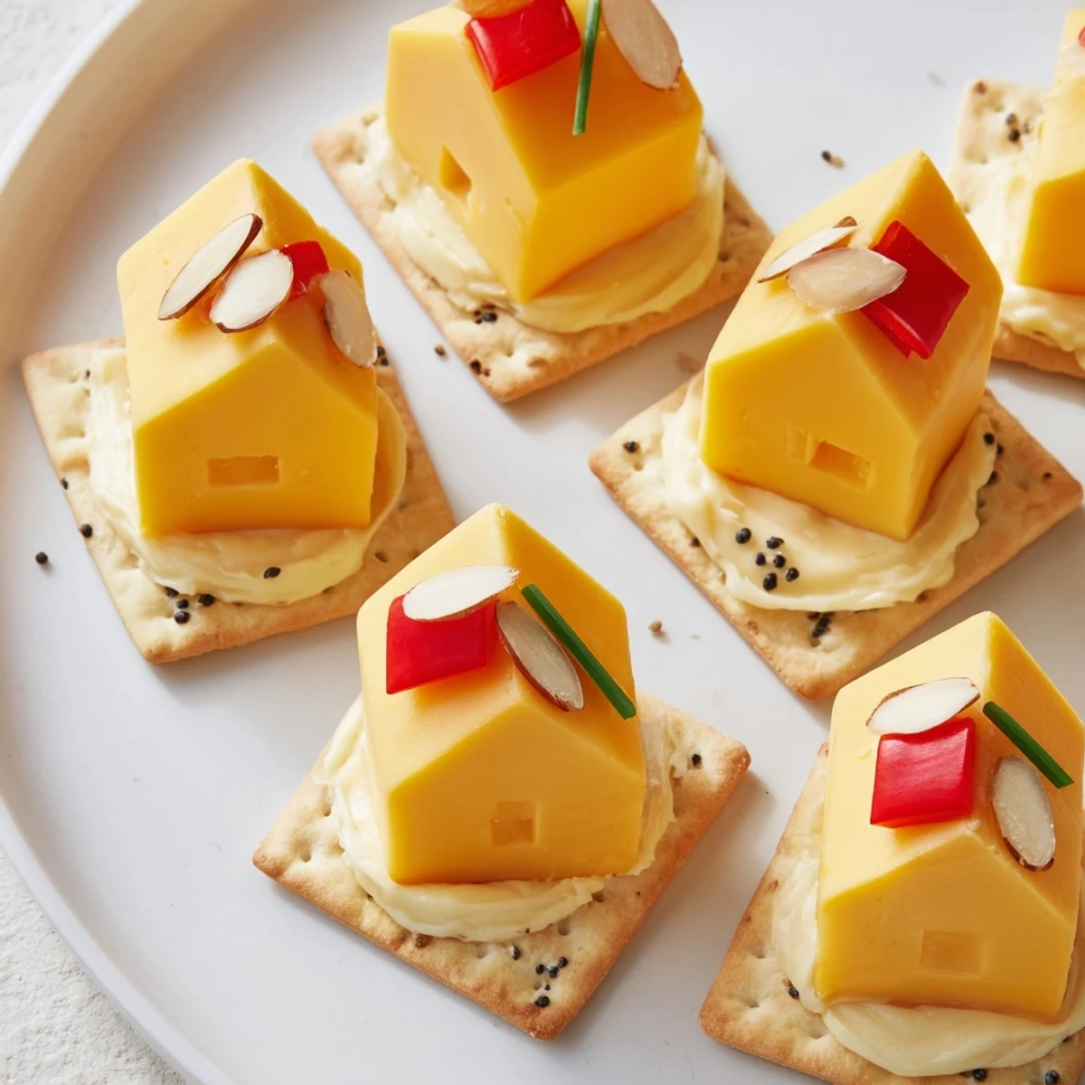 Festive Alpine Village appetizer with cheese houses, perfect for holiday parties, sitting on crackers.