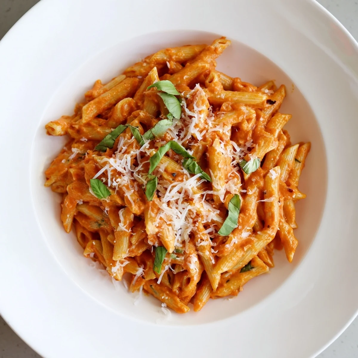 A bowl of 15-Minute Creamy Red Pepper Pasta, swirled elegantly, ready to eat with fresh basil.