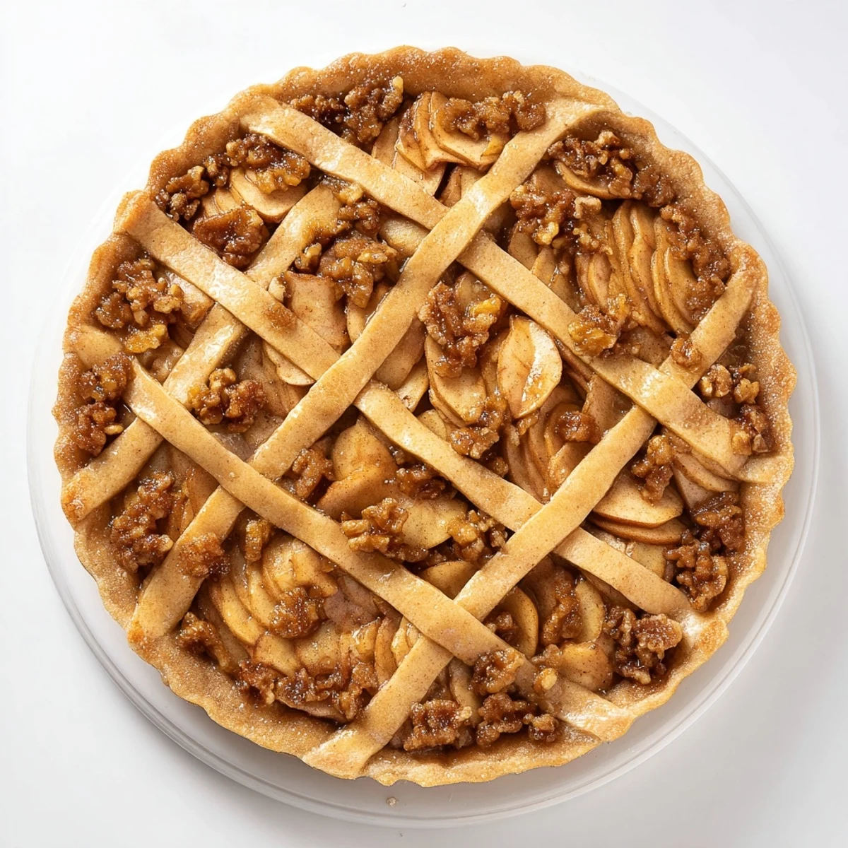 Close-up of the Lattice Orchard dessert, showcasing the beautiful apple slices and warm, inviting colors.