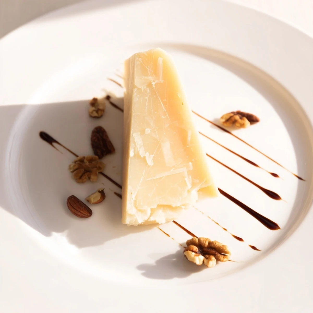 Elegant cheese platter the "Sundial" displays aged cheese, balsamic shadow, and nut clusters for serving.