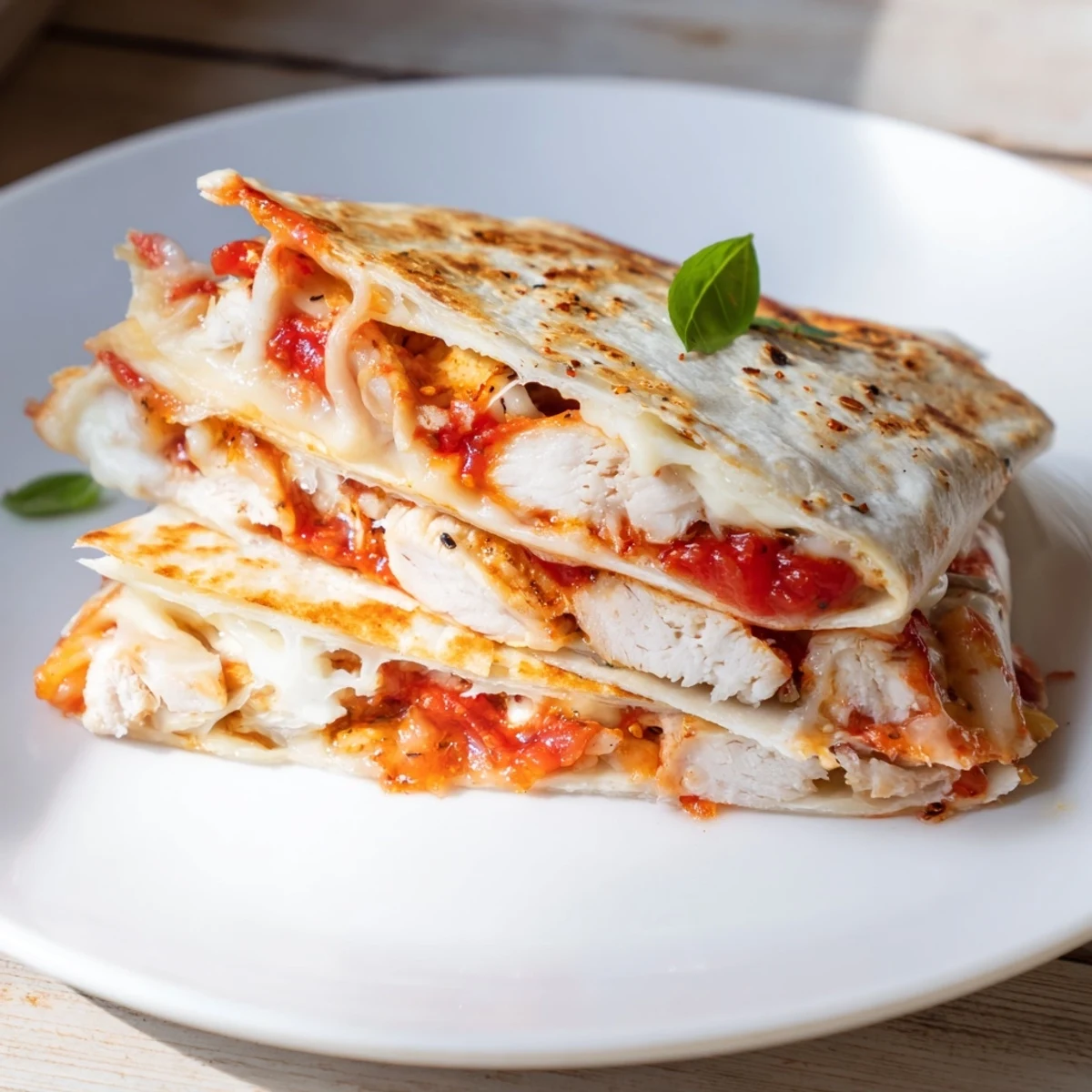 Golden-crisp tortilla pizza wrap with chicken, oozing melted mozzarella and fresh basil, ready to enjoy.