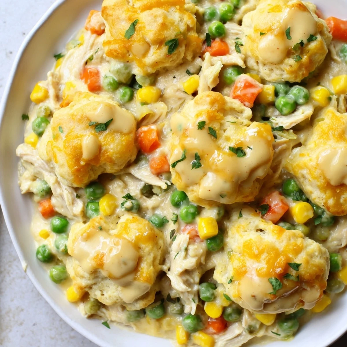 Homemade Chicken Cobbler with Red Lobster Mix, steaming hot, served for a delicious dinner.
