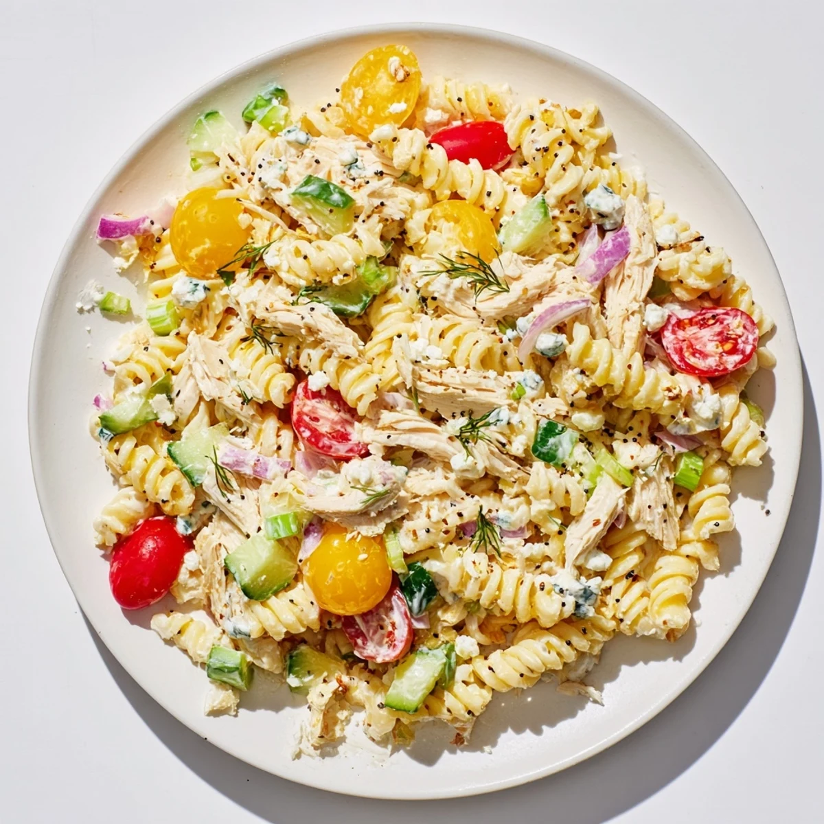 Everything Bagel Chicken Pasta Salad, bursting with fresh veggies and creamy dressing, is ready to serve.