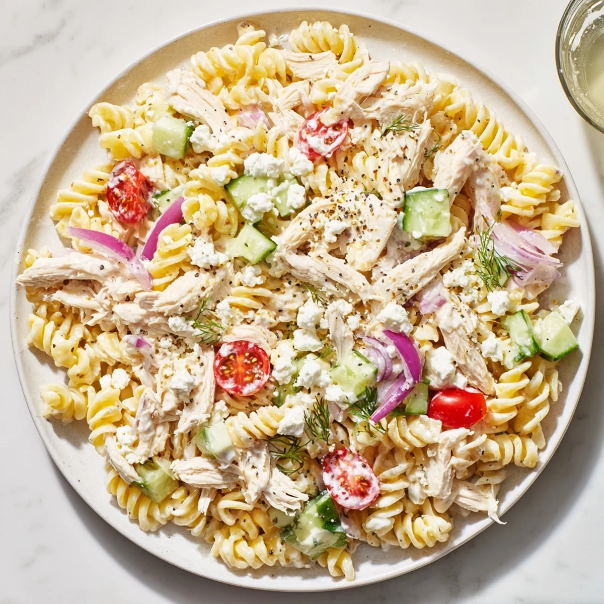 This Everything Bagel Chicken Pasta Salad includes tender chicken nestled on a bed of chilled pasta.