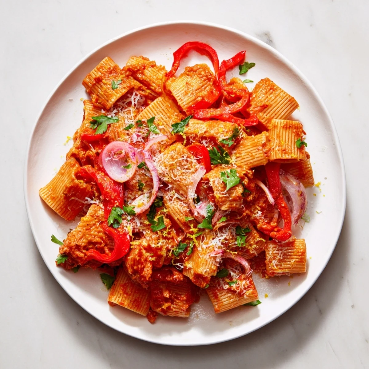 One-Pot Diavola Spicy Pasta, a vibrant red, ready to savor with grated Parmesan cheese.