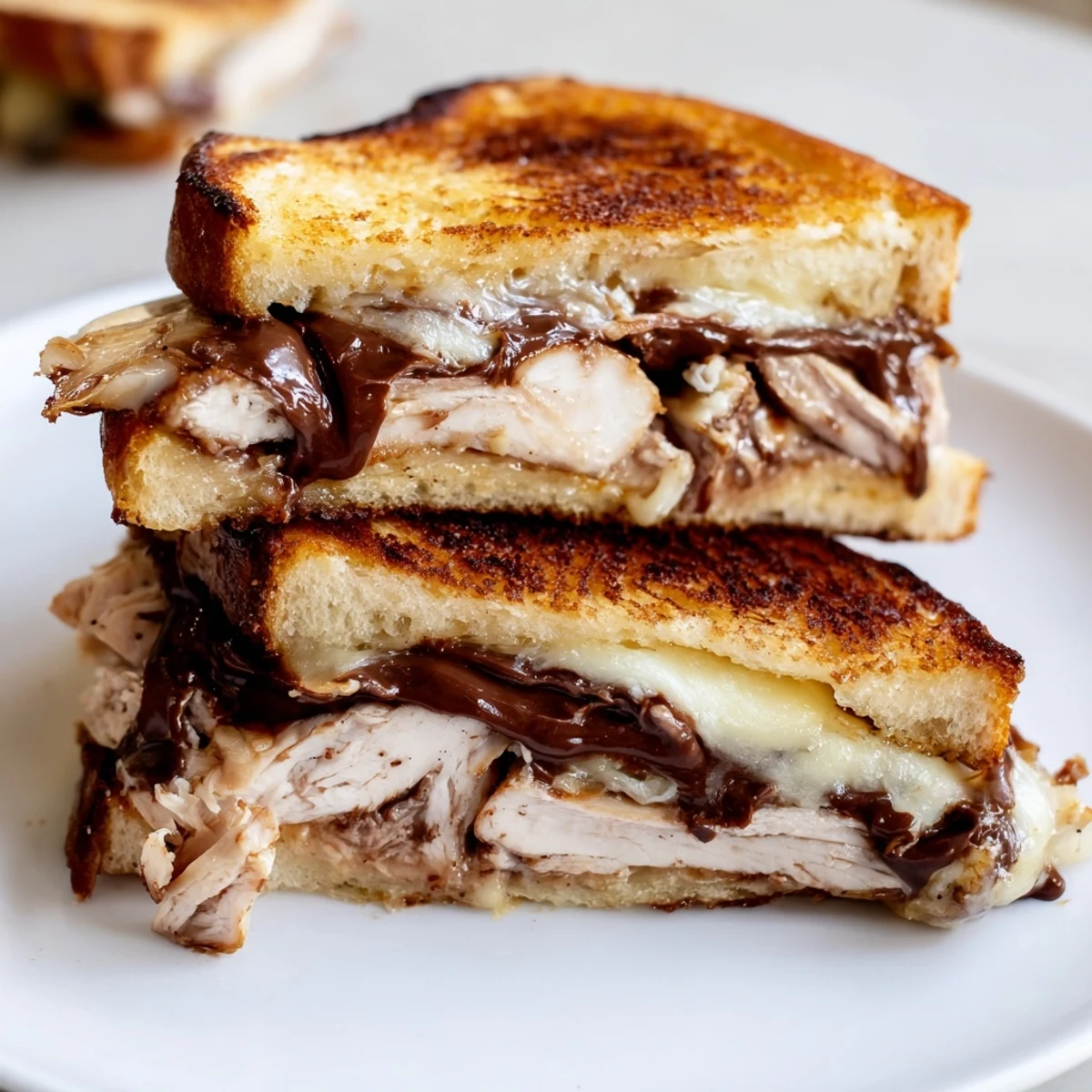 Golden brown Nutella grilled cheese with chicken, a melty, savory twist with rich flavors.