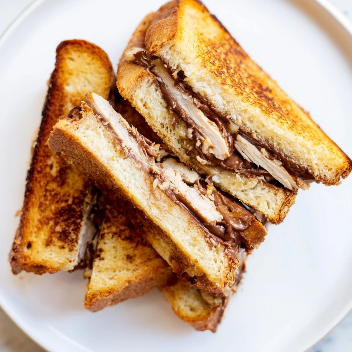 Inside view of a Nutella grilled cheese with chicken, showcasing layers of brie and chicken visible.