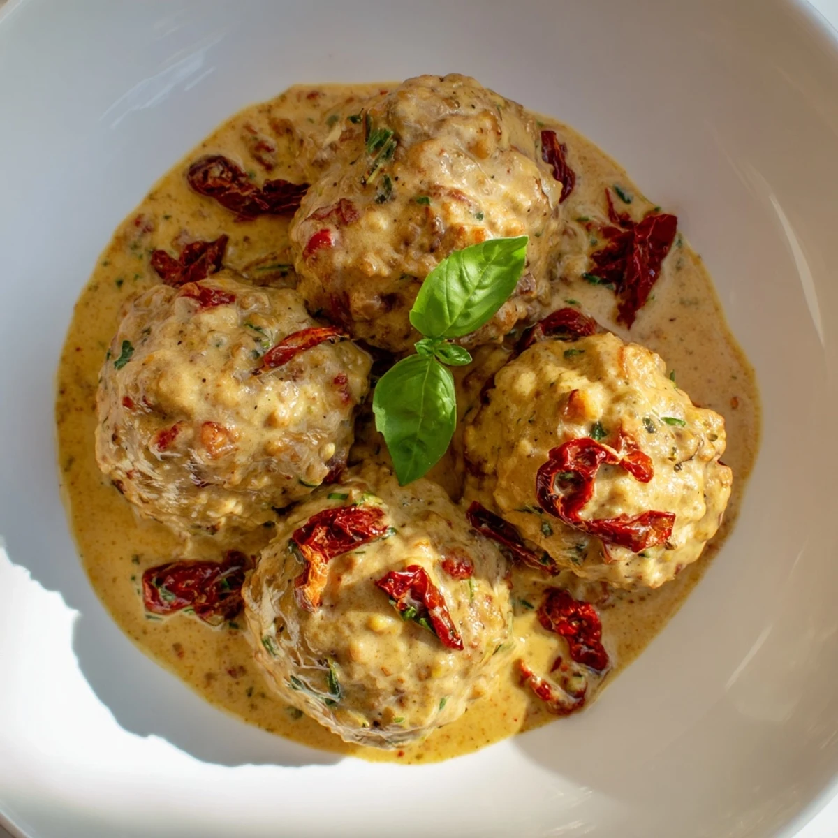 Creamy, flavorful Marry Me Chicken Meatballs, swimming beautifully in a sun-dried tomato and parmesan sauce.