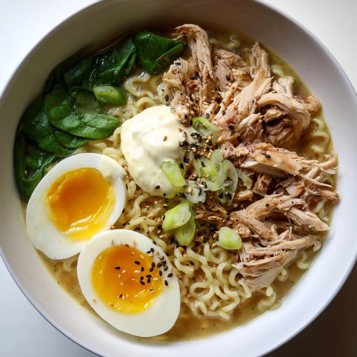 Chicken ramen bowls with creamy Kewpie mayo, soft egg, and vibrant toppings, ready to eat.