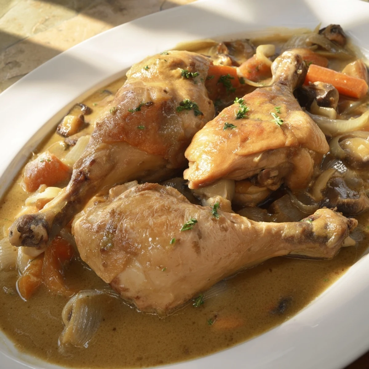 Tender Georgia Pot Roast Chicken, served with a rich gravy and sweet onions, perfect for a hearty dinner.