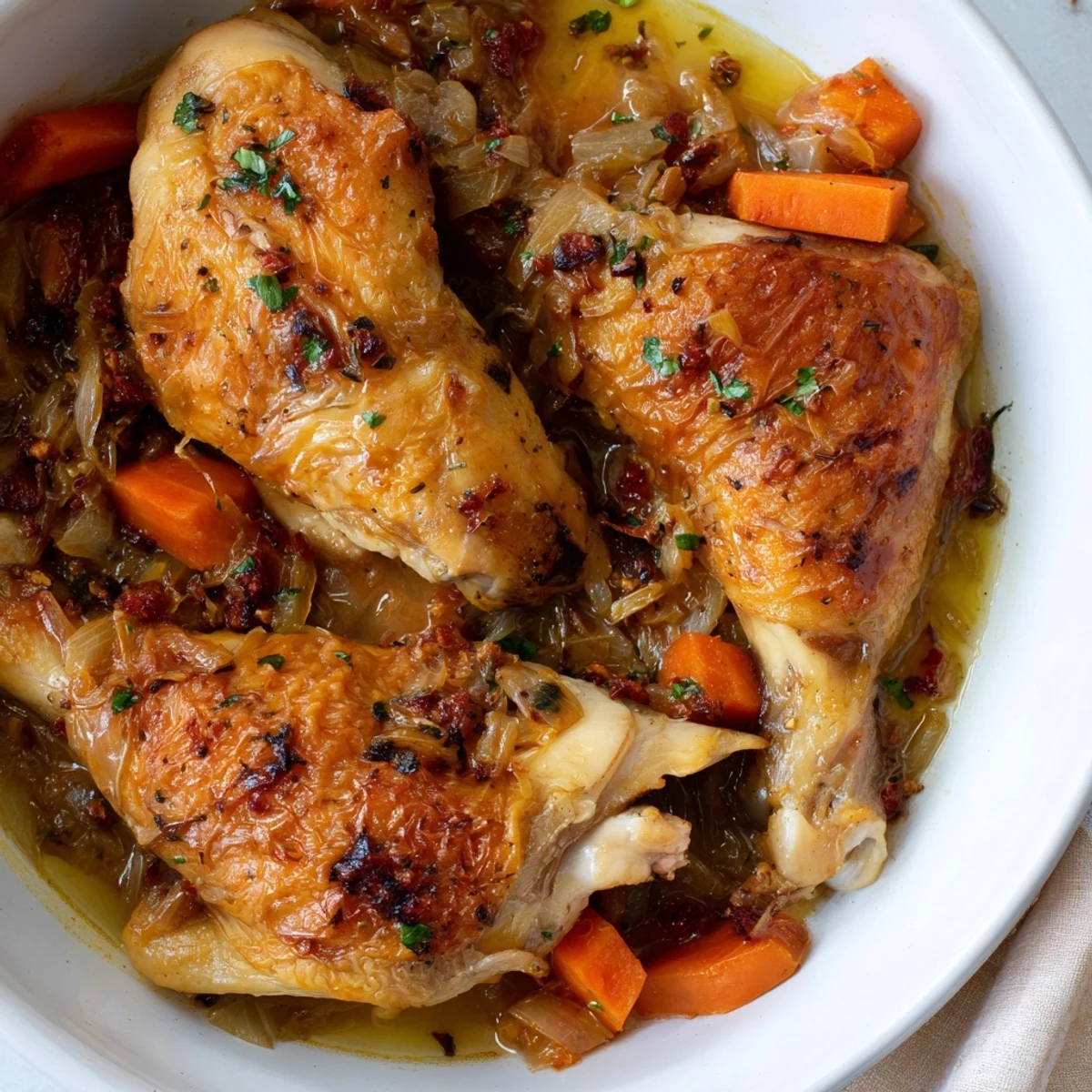 Juicy Georgia Pot Roast Chicken, the golden-brown chicken thighs nestling amongst vegetables and savory sauce.