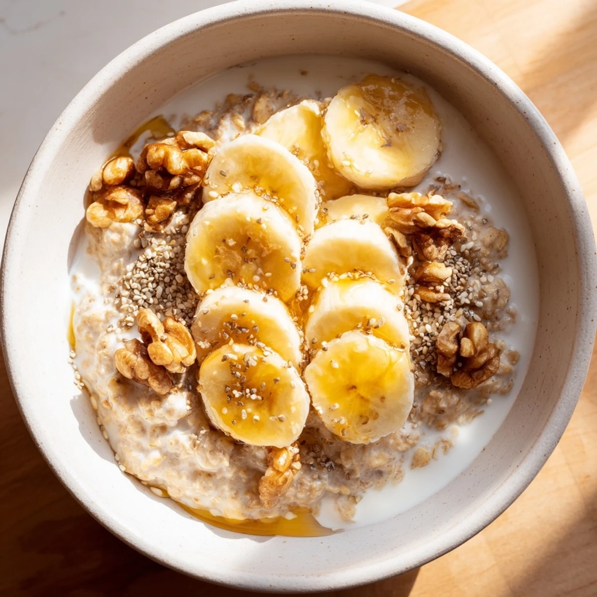 Steaming hot Microwave Banana Oats bowl, topped with sliced bananas and a sprinkle of cinnamon.