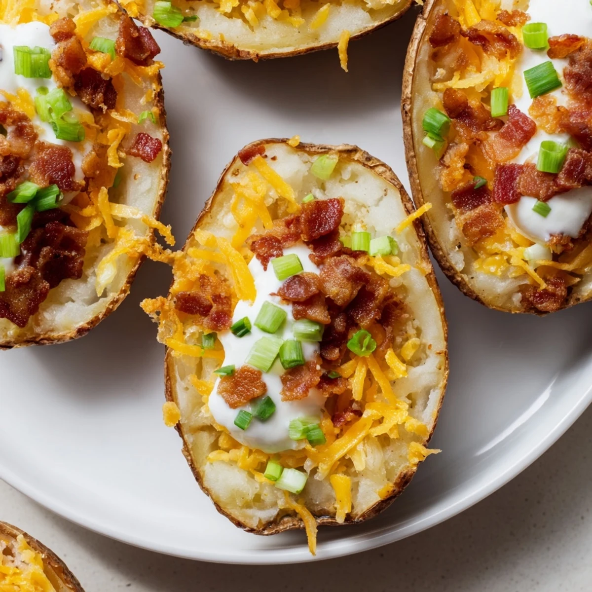 Golden-brown loaded baked potato skins topped with melting cheese and crispy bacon, a tasty appetizer.