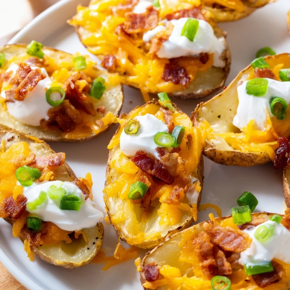 Close-up of crispy loaded baked potato skins with sour cream and green onions; perfect game day food.