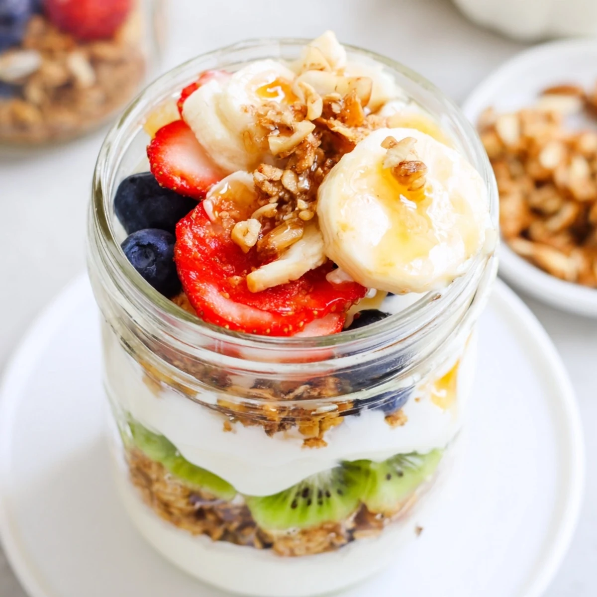 Layered Yogurt Fruit Parfait, showing vibrant berries and creamy yogurt layered, ready to eat.