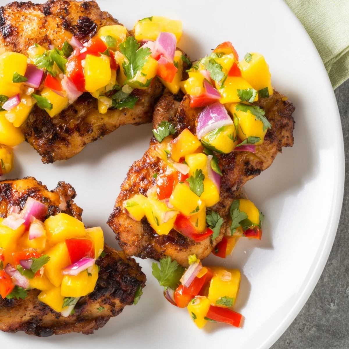 Bright, flavorful Grilled Mango Salsa Chicken ready to eat, served with fresh cilantro.