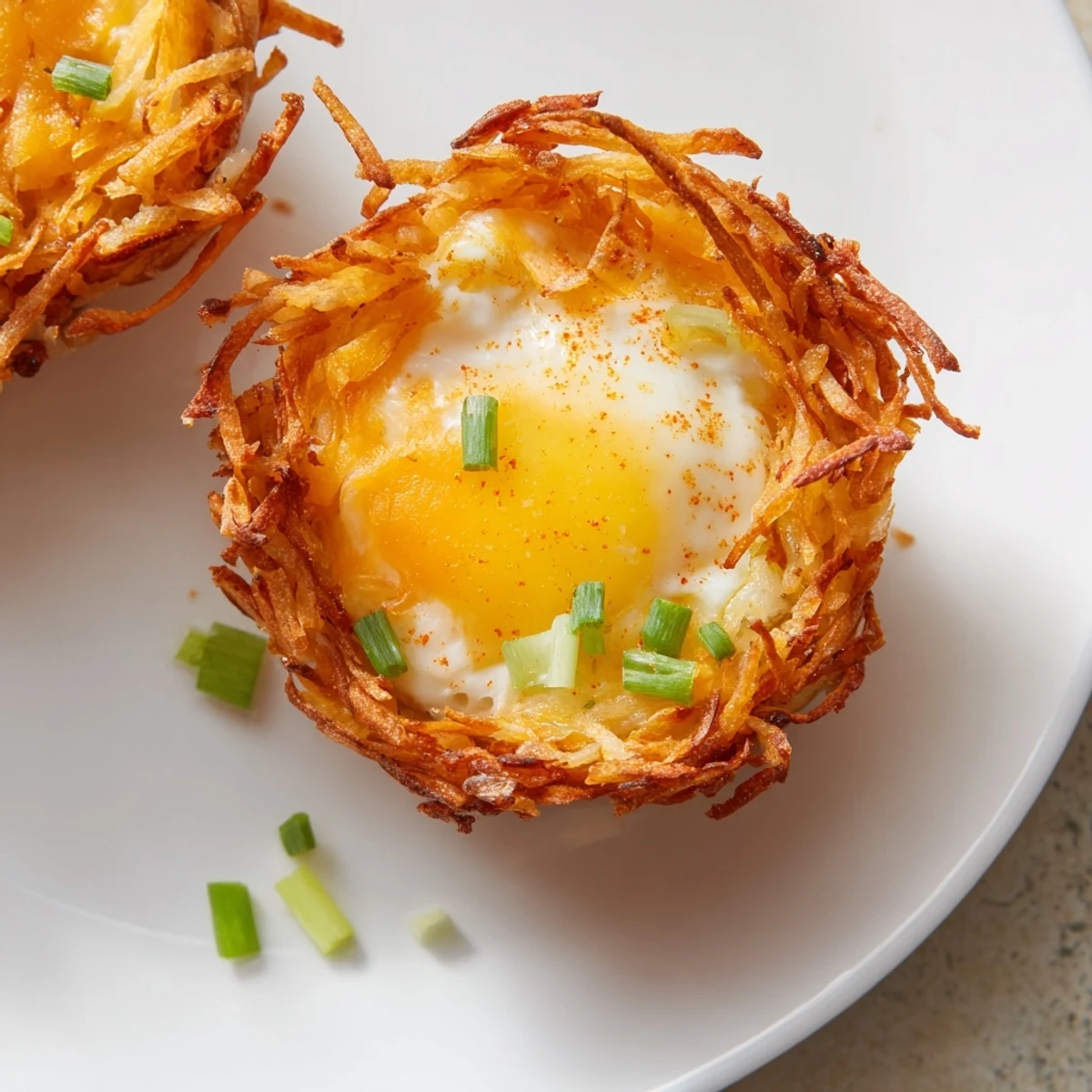 Golden, crispy hashbrown egg nests topped with cheese and chives, perfect for breakfast.