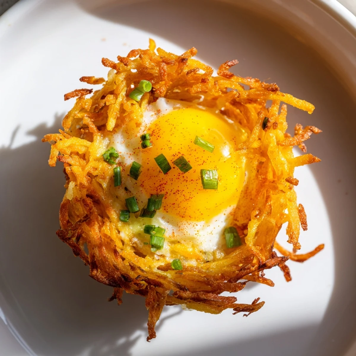 A close-up shot of delicious crispy hashbrown egg nests, baked with a golden brown crust.