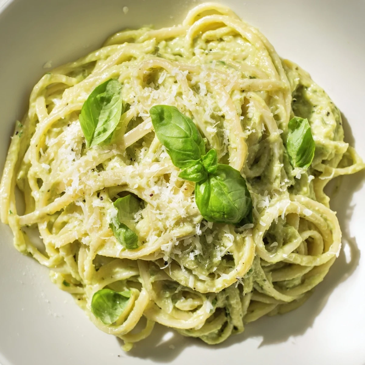 Creamy Avocado Pasta: a luscious photo showcasing bright green pasta coated in rich, beautiful avocado sauce.