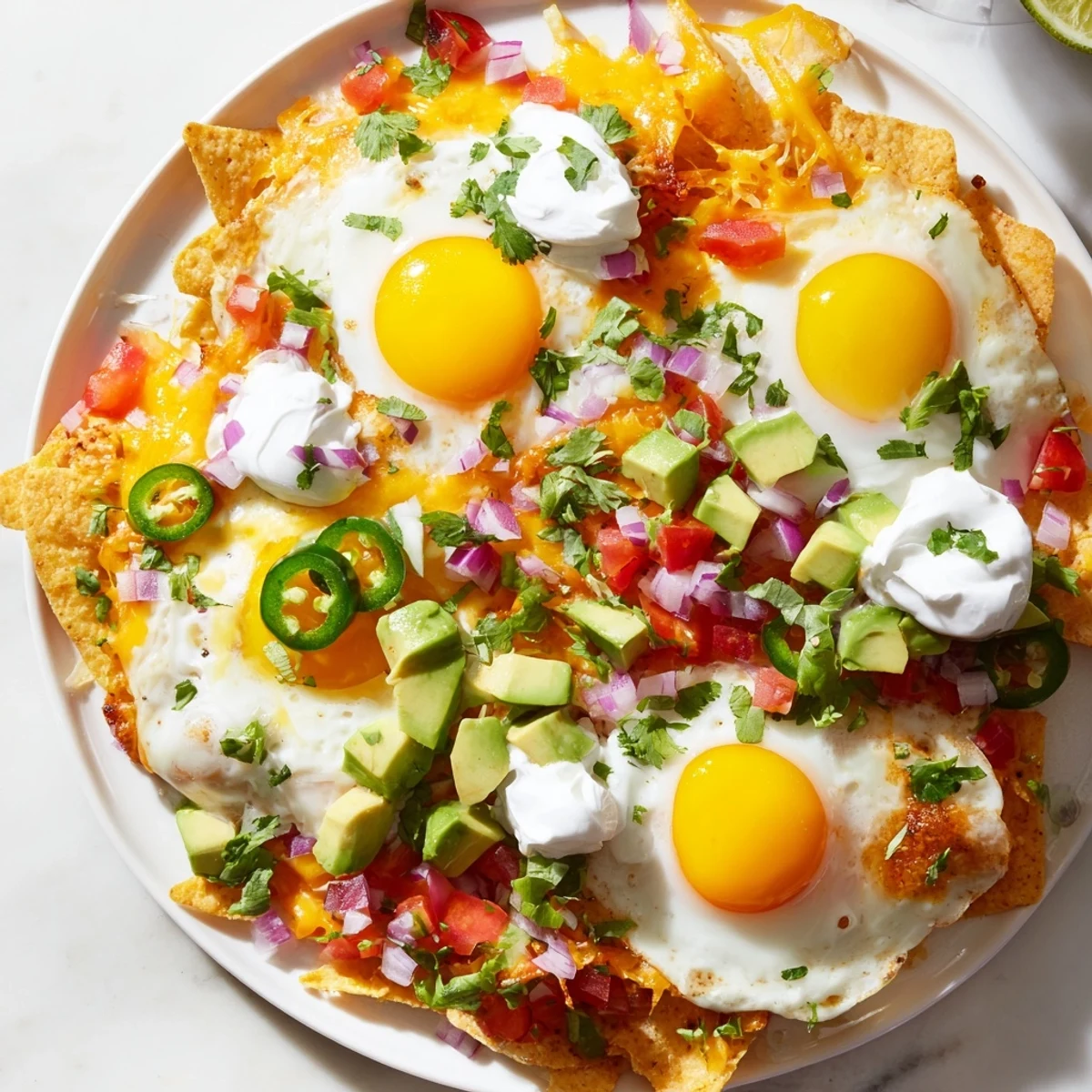 Warm, cheesy Egg-Topped Breakfast Nachos with runny egg yolk and fresh cilantro, a Tex-Mex delight.