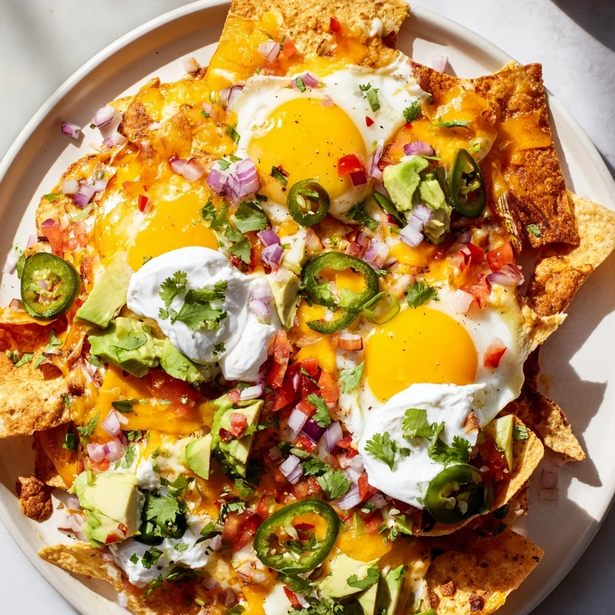 Golden-brown tortilla chips piled high with savory ingredients and topped with creamy eggs for hearty Egg-Topped Breakfast Nachos.