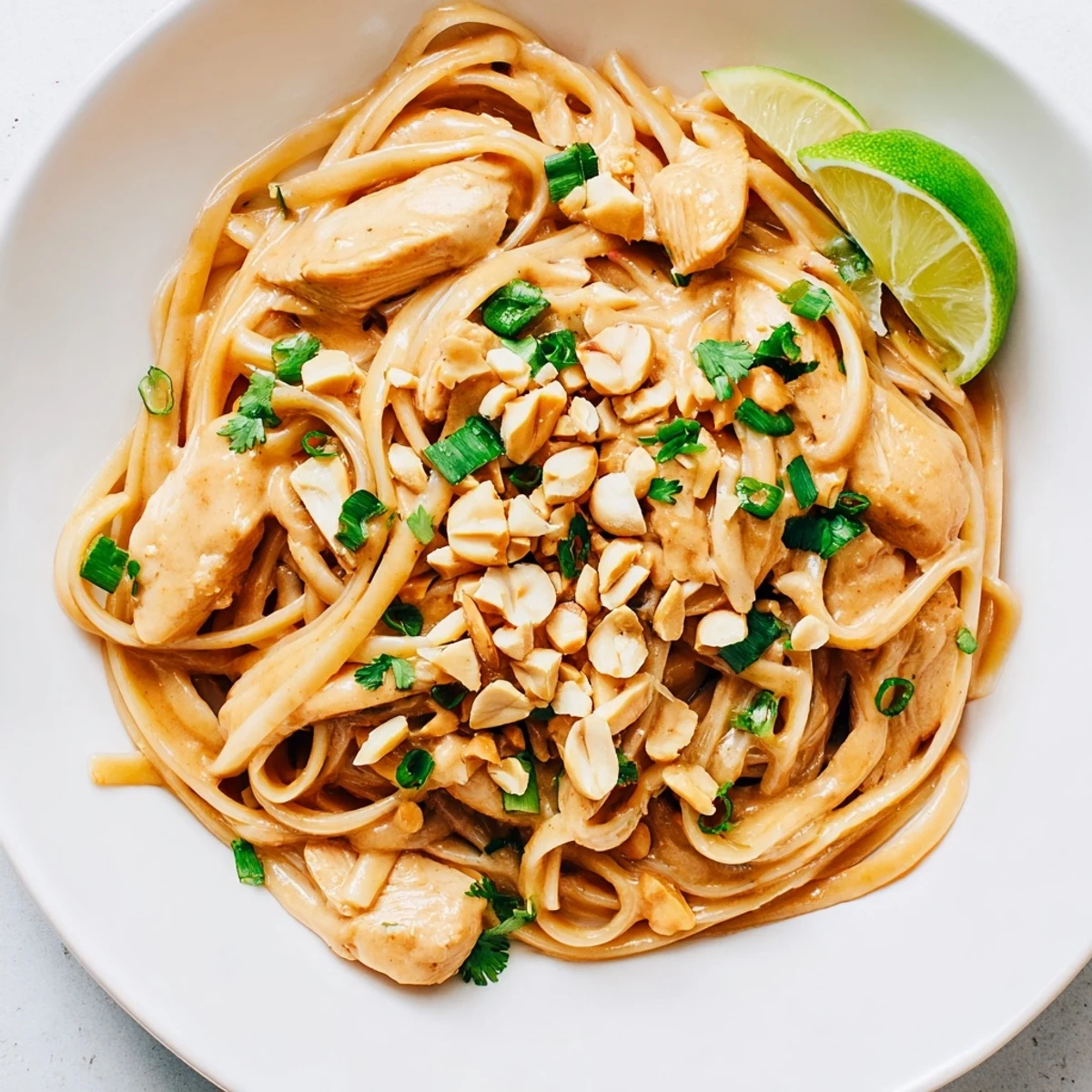 Steaming bowl of Thai Peanut Chicken Pasta, aromatic with fresh herbs and a creamy sauce.