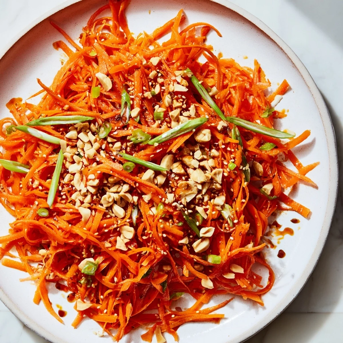 Vibrant Spicy Carrot Salad with shredded carrots, a fiery dressing, and a sprinkle of sesame seeds.