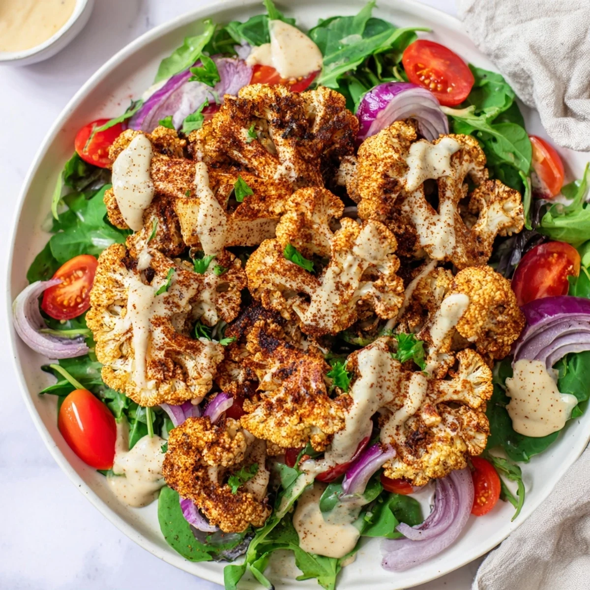 Golden-brown crispy cauliflower salad, topped with creamy tahini dressing, ready for a delicious meal.