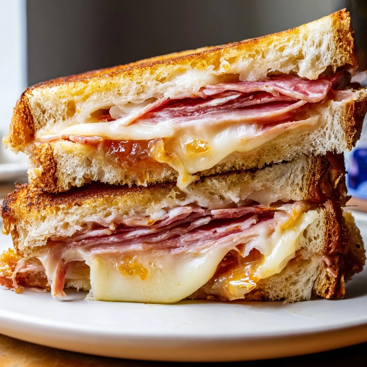 Golden charcuterie grilled cheese, oozing with melted cheese and savory meats, ready to be sliced.