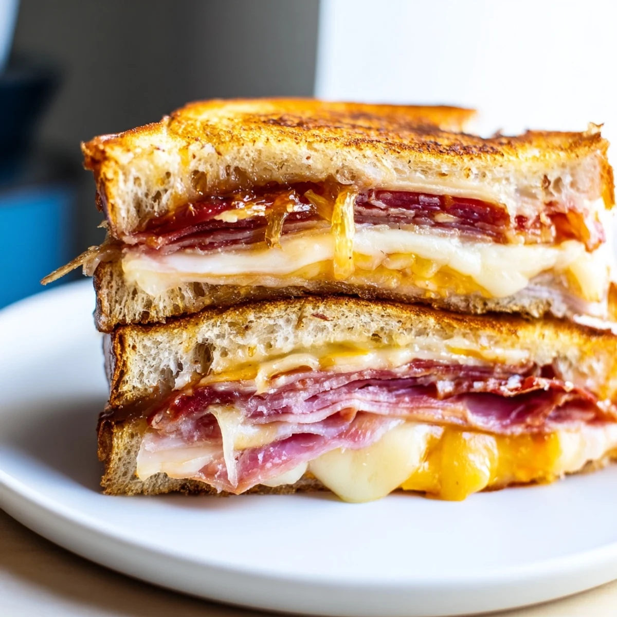 Crispy, bubbling charcuterie grilled cheese, a perfect comfort food lunch, ready to enjoy.