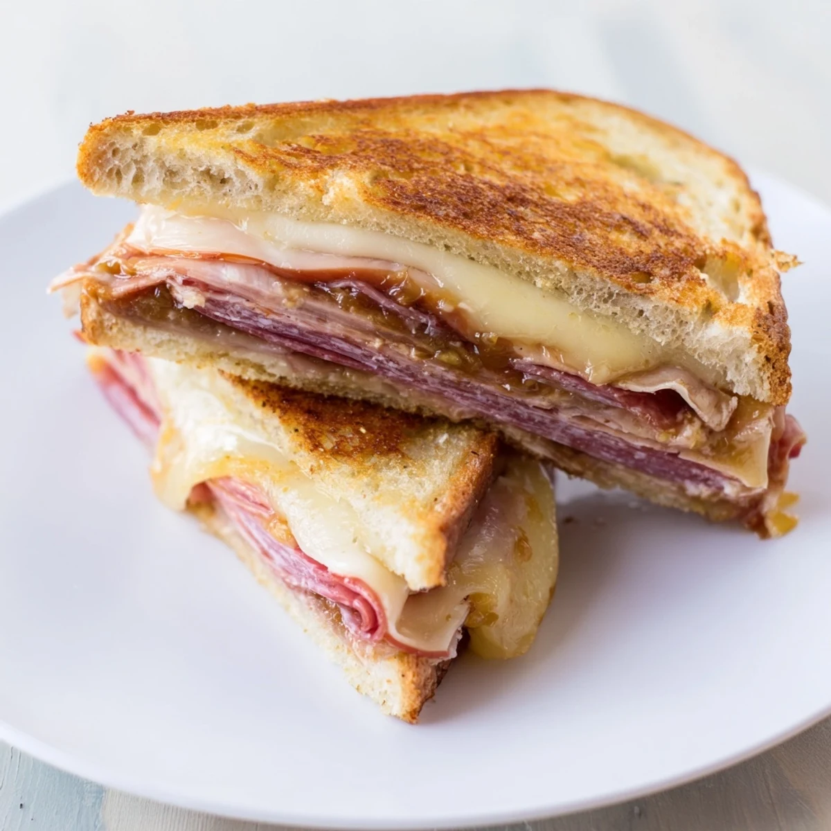 Delicious charcuterie grilled cheese, a gourmet sandwich showing layers of cheese and cured meats.