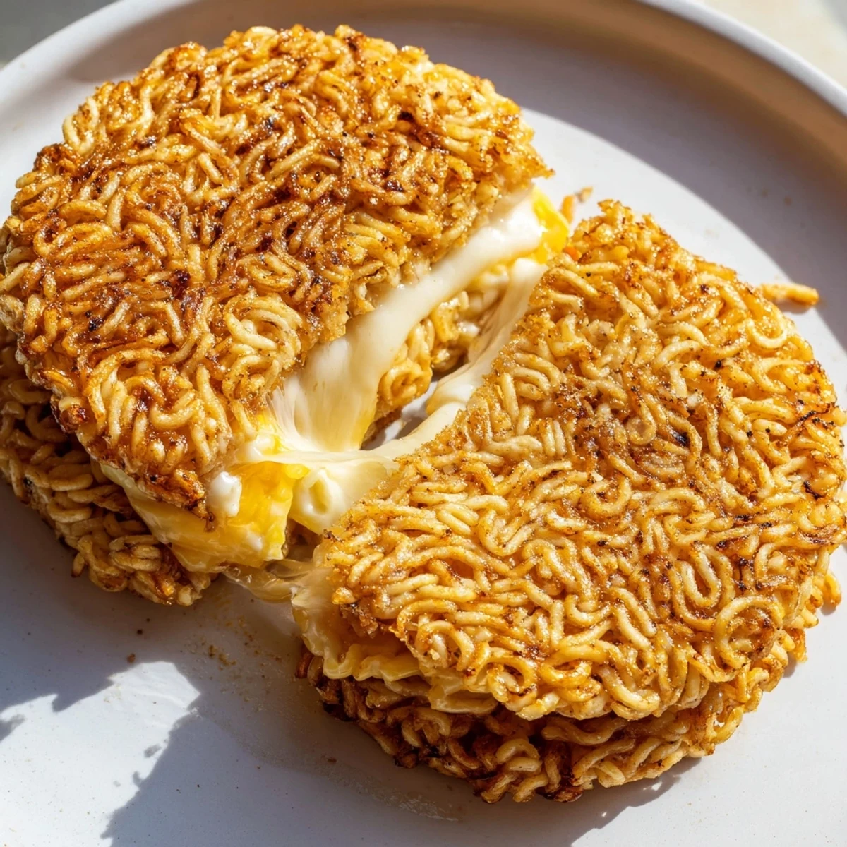 Golden brown Ramen Grilled Cheese, crispy ramen buns and melted cheese, a comforting snack.