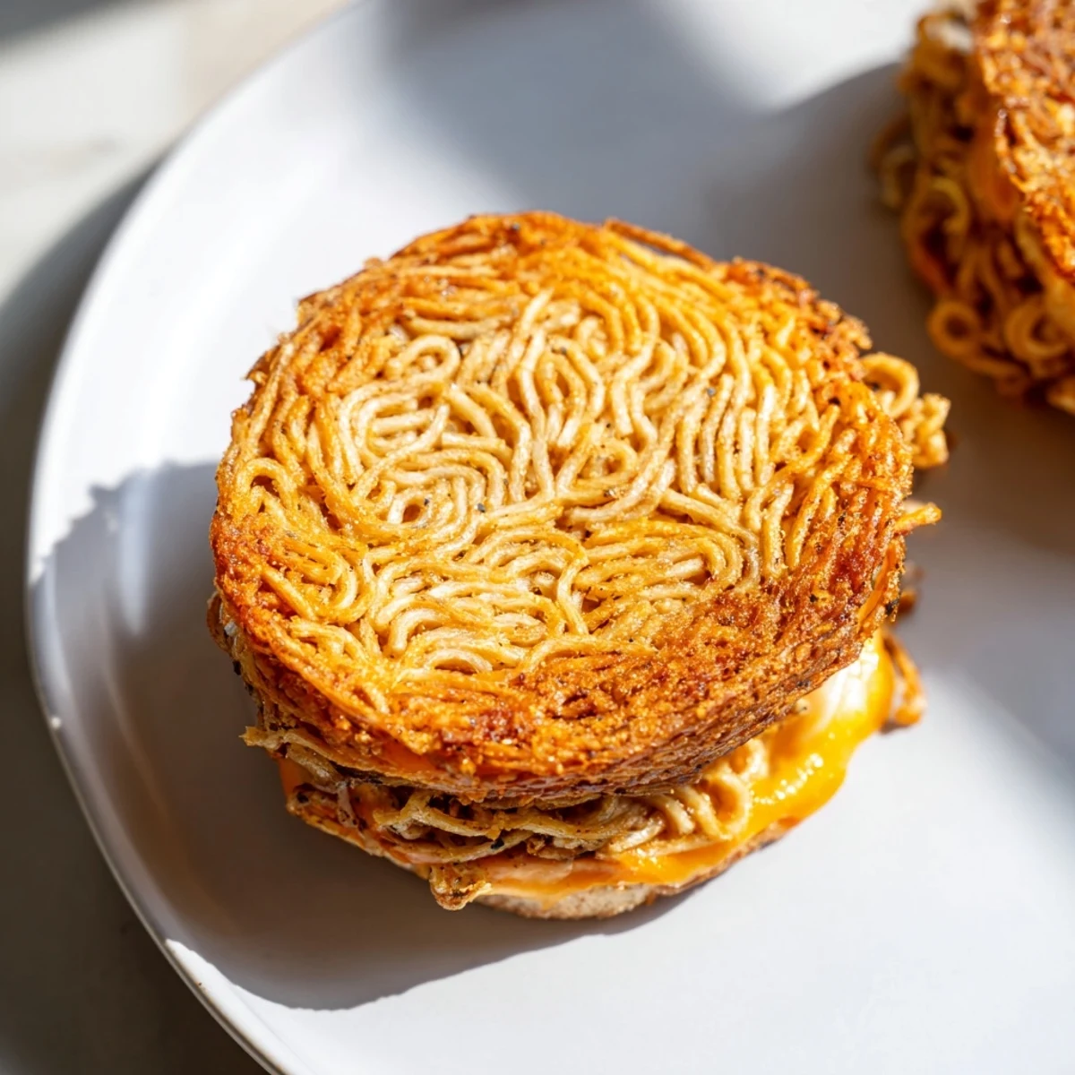 A close-up shot of a gooey Ramen Grilled Cheese, with perfectly melted cheese oozing out.