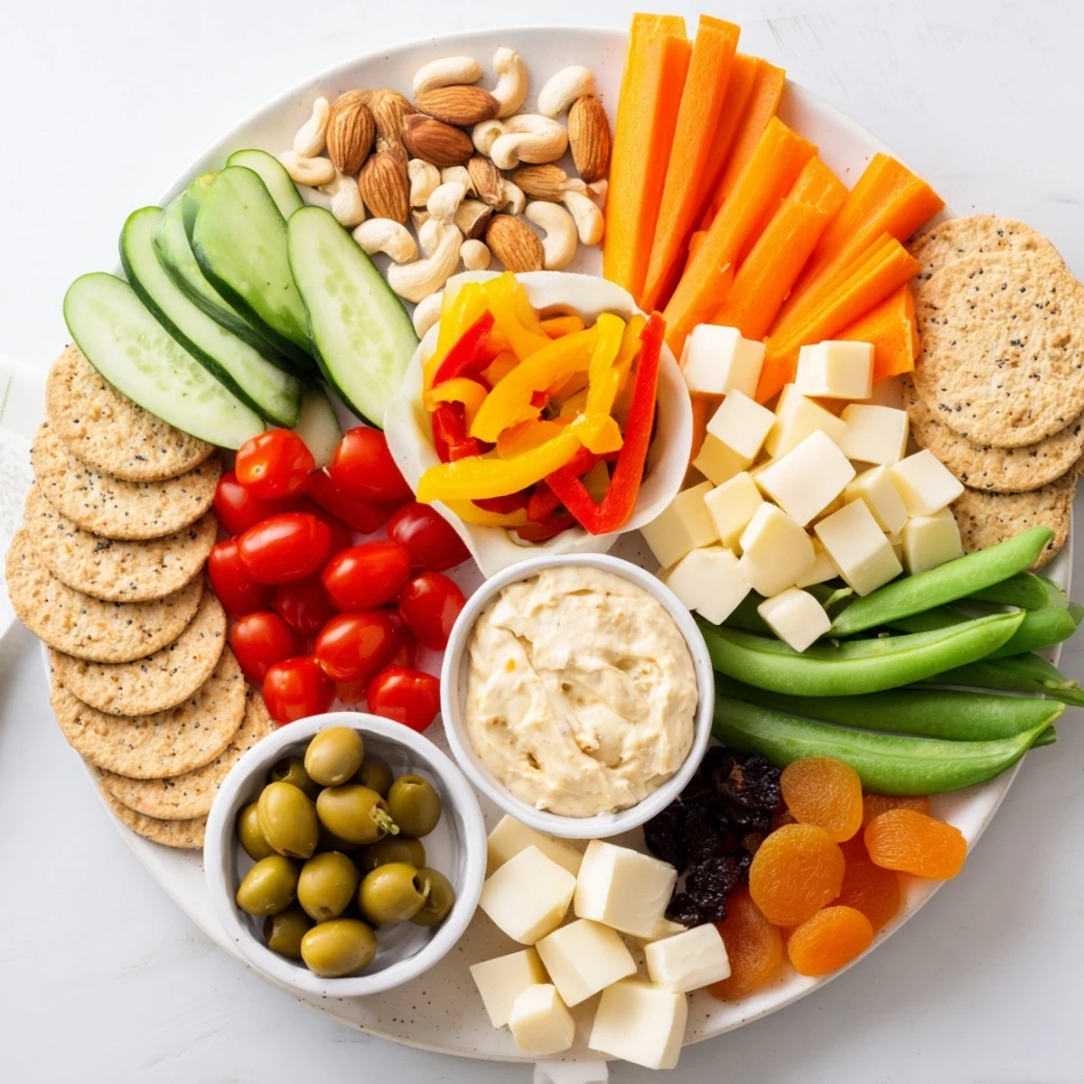 Vibrant veggie snack board—a colorful adult lunchable with fresh veggies, cheese, and crunchy crackers.