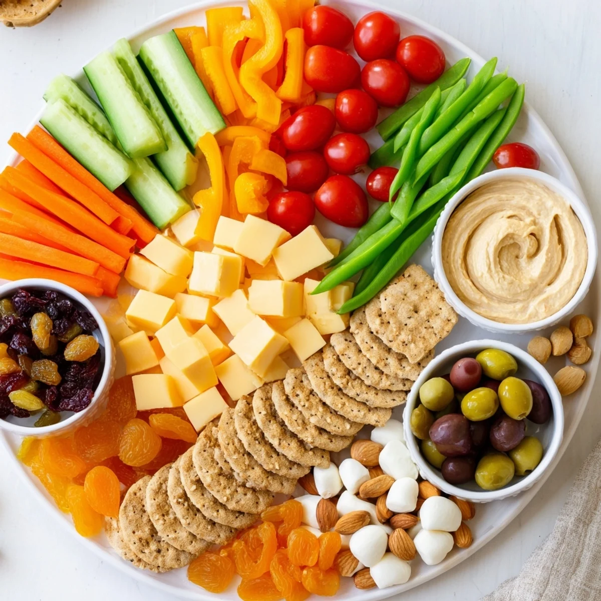 This veggie snack board presents a delicious assortment: carrots, bell peppers, cheeses, and dips for snacking.
