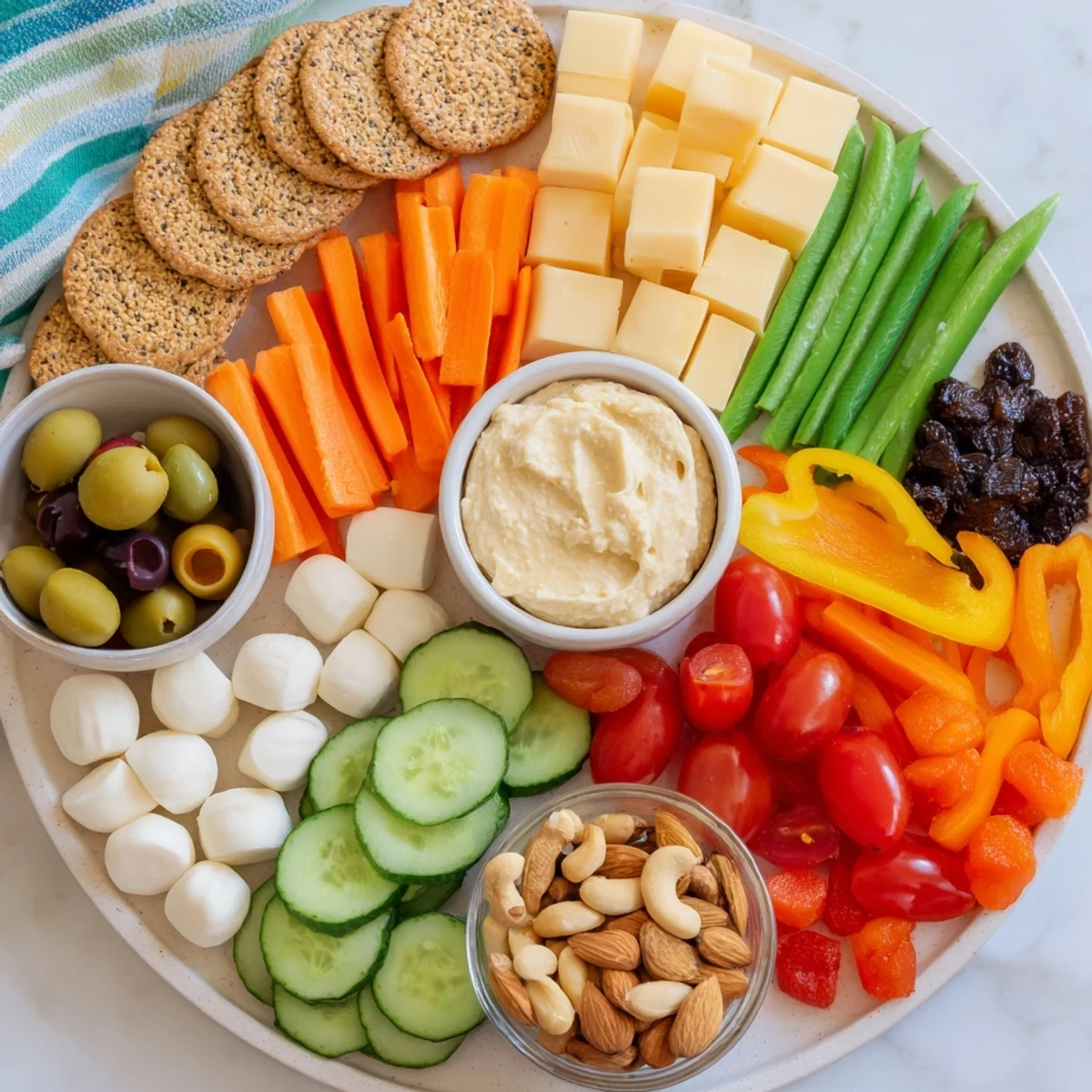 Assemble a delicious adult lunchable! This veggie snack board features fresh bites and tasty dips.