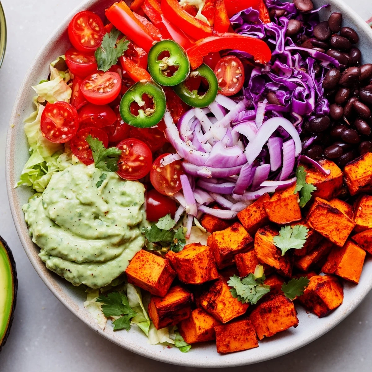 Healthy and delicious sweet potato taco bowls served with brown rice, ready for a satisfying vegan meal.