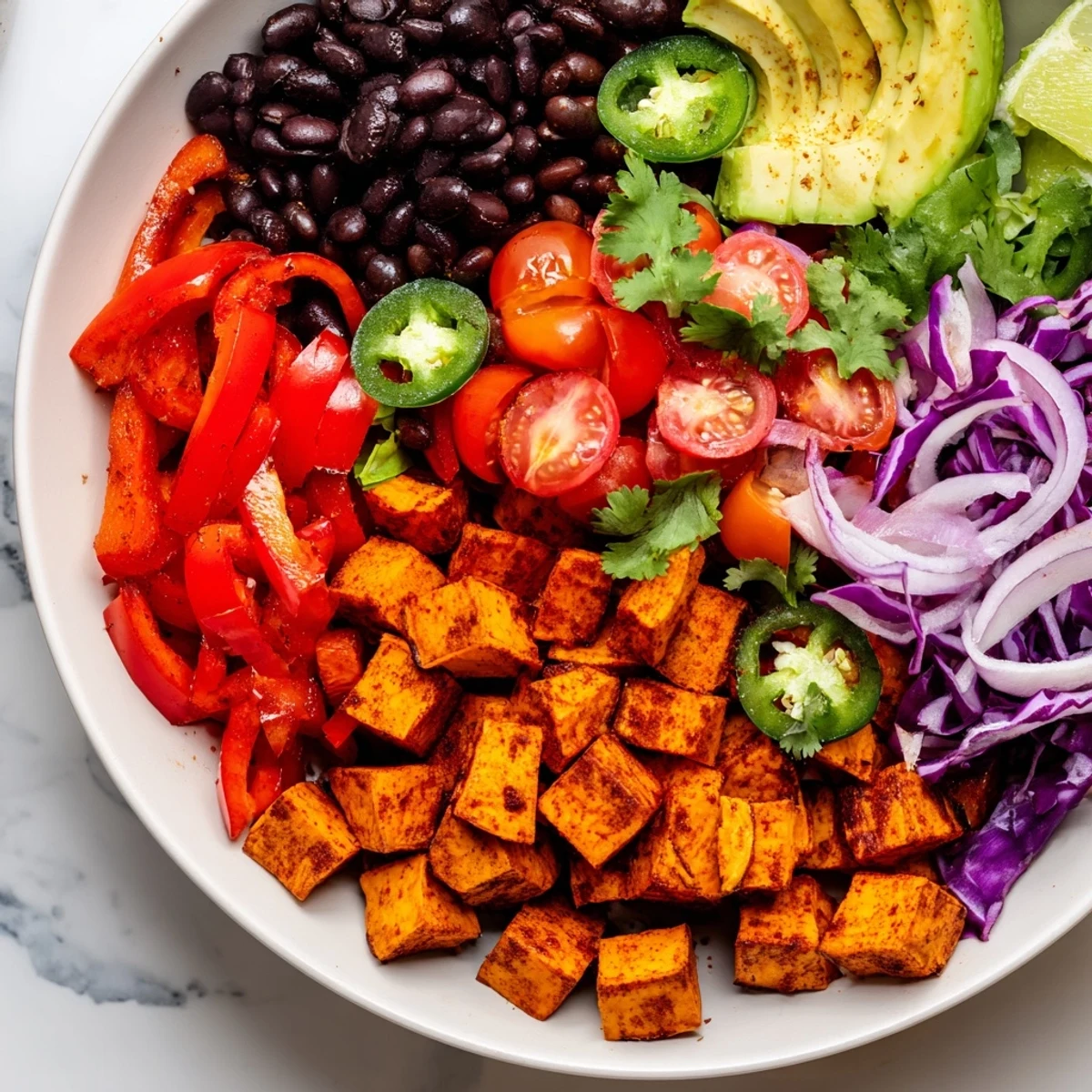 Vibrant image: Warm roasted sweet potato taco bowls topped with fresh cilantro, ready to eat.