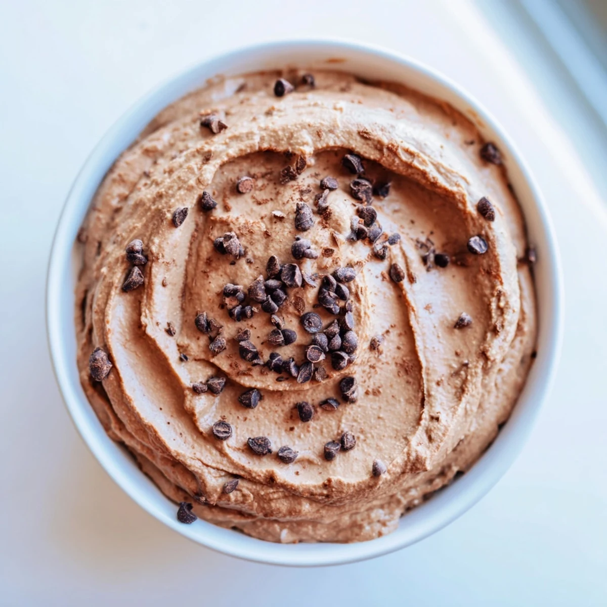Creamy Chocolate Hummus swirled perfectly in a bowl, a delectable and healthy dessert option.
