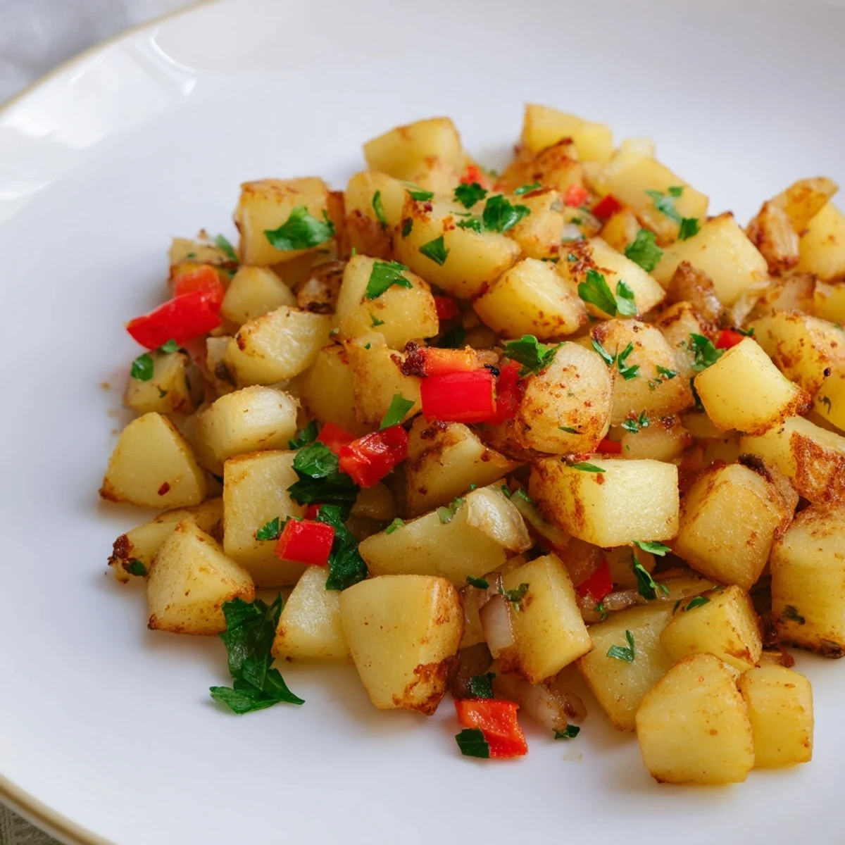 Perfectly cooked air fryer breakfast potatoes, showcasing the golden-brown crispness with bits of red pepper.