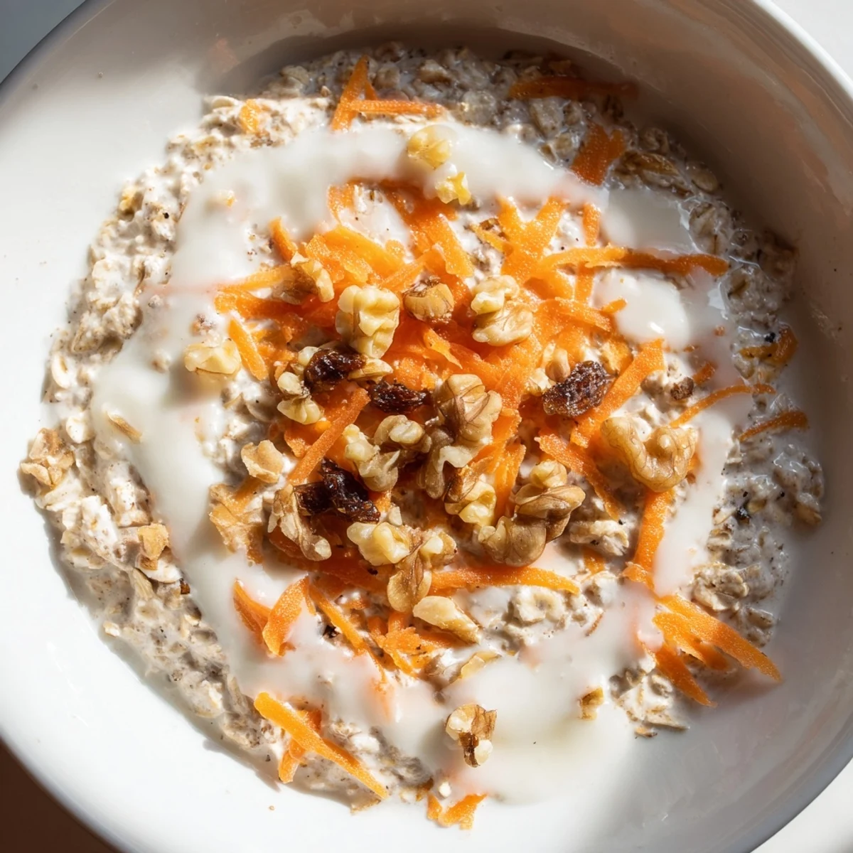 A close-up of Carrot Cake Overnight Oats showcases grated carrots and warm spices perfectly.