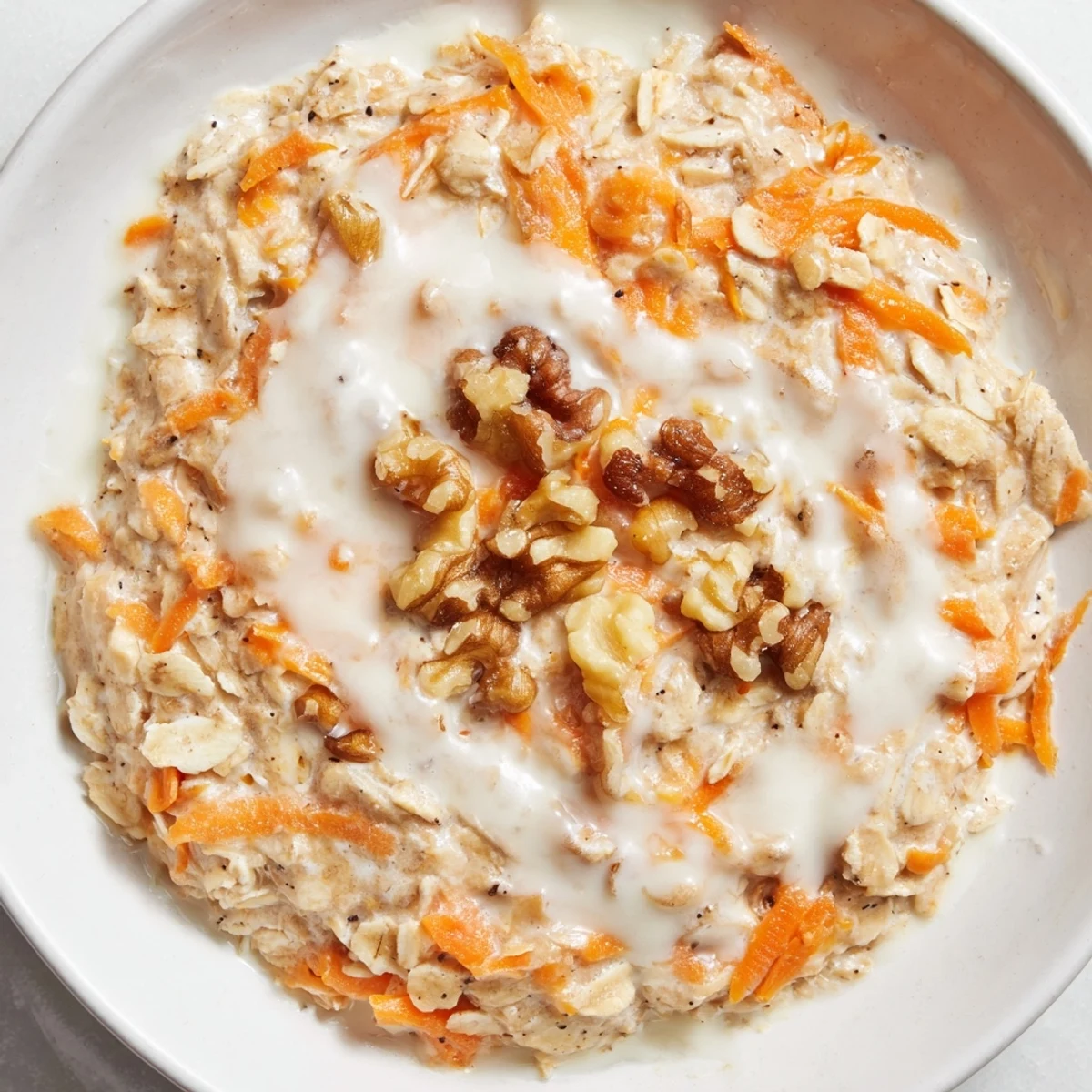 Creamy Carrot Cake Overnight Oats, chilled and ready, garnished with nuts and a drizzle.