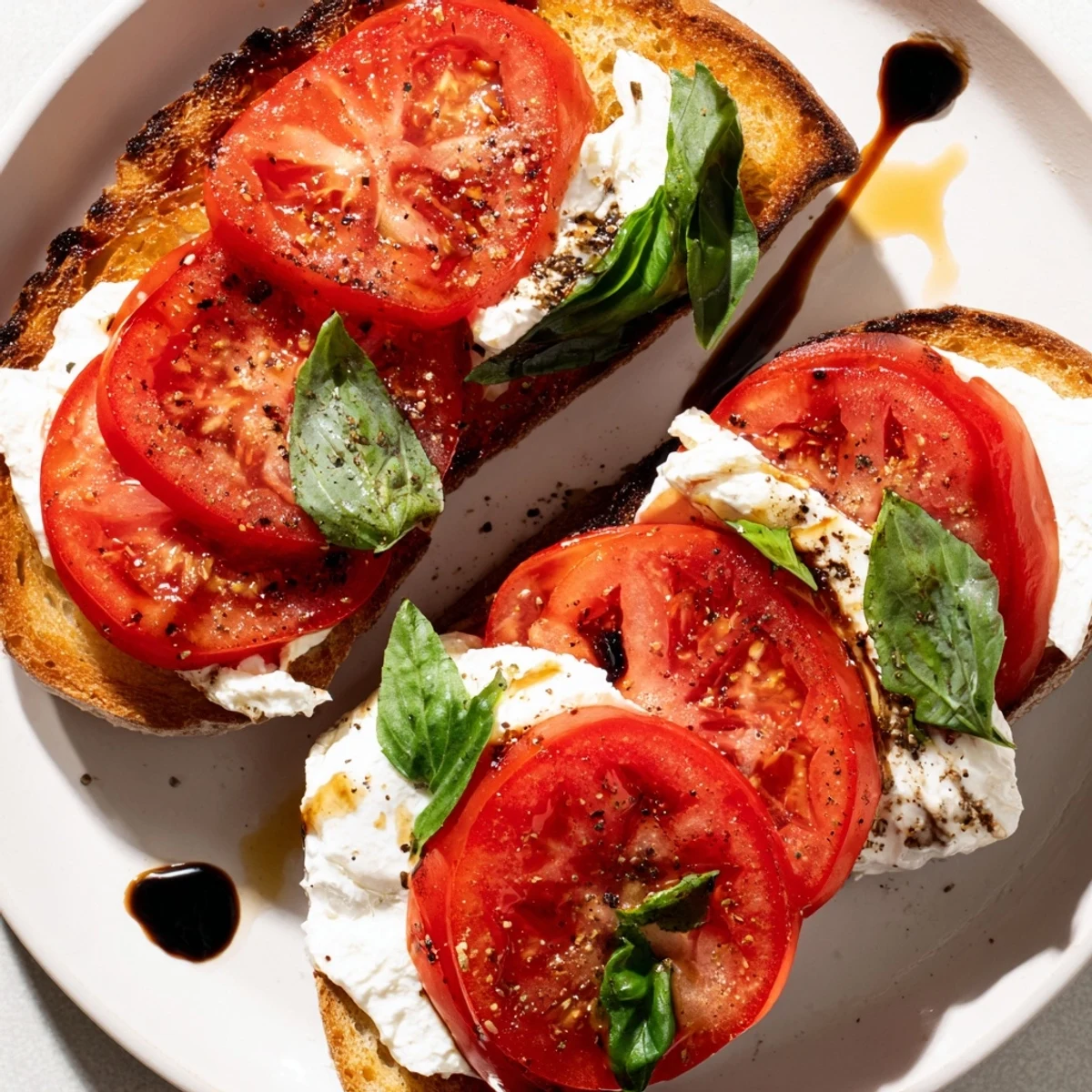 Creamy burrata sits atop toasted sourdough in this flavorful tomato burrata toast creation.