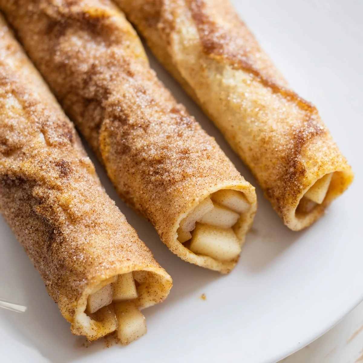 Golden, crispy Apple Pie Roll-Ups drizzled with cinnamon sugar, perfect for a quick & sweet treat.