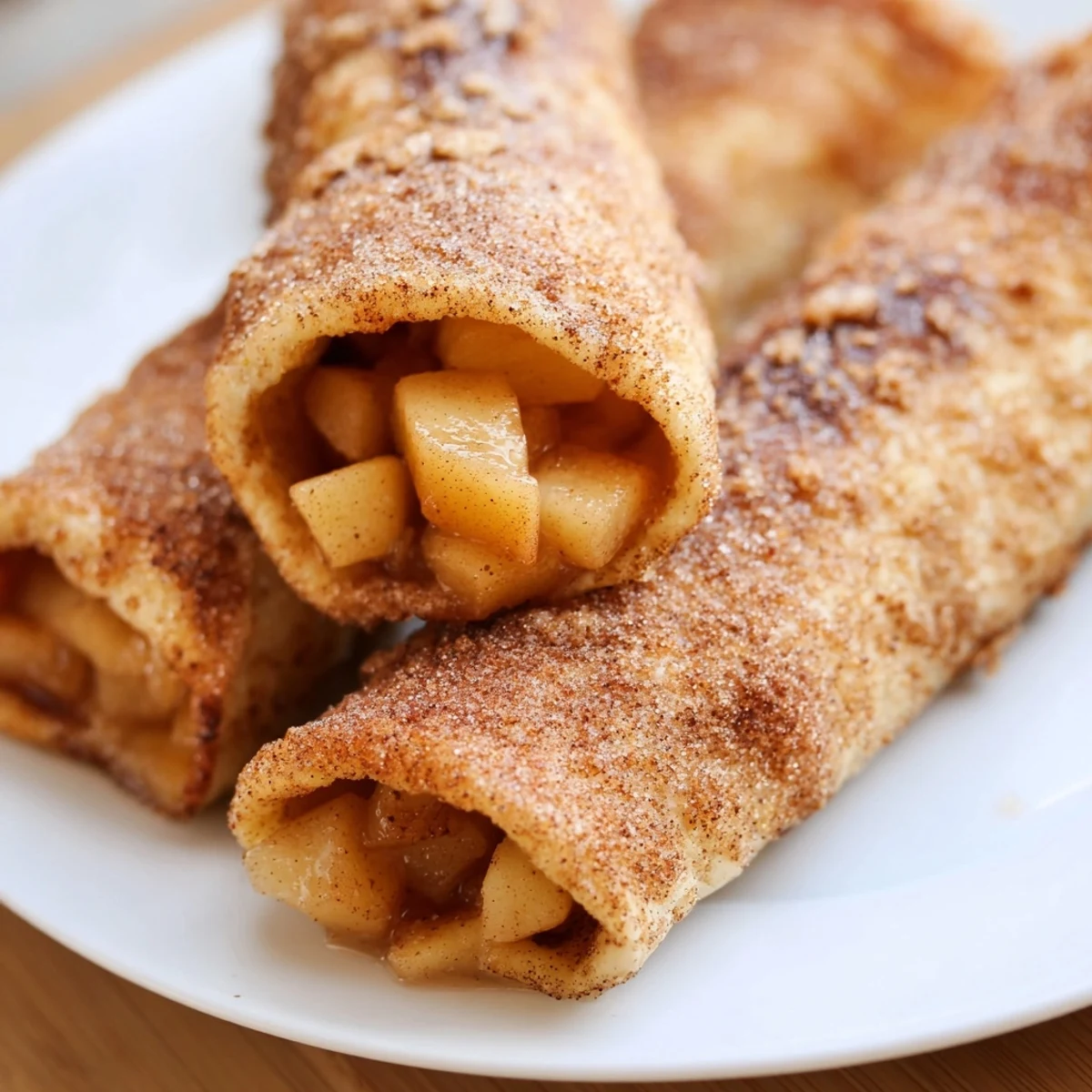 Warm, cinnamon-spiced apple filling inside baked Apple Pie Roll-Ups, ready to eat and enjoy.