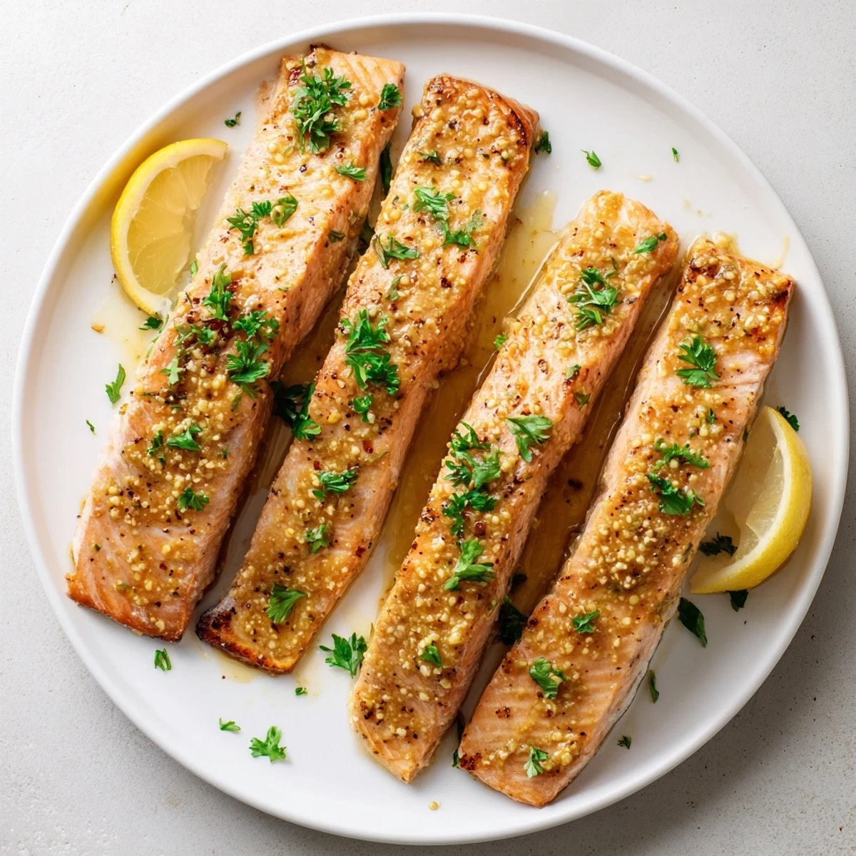 Golden-brown Honey Mustard Salmon fillets, glistening with sauce, baked to perfect flakey tenderness.