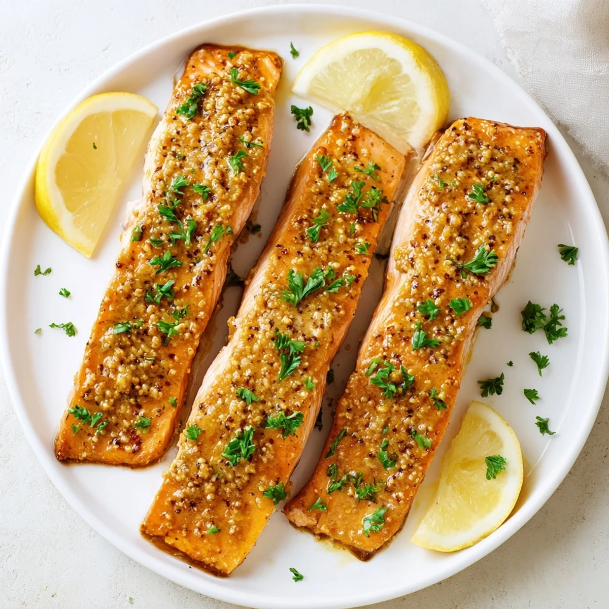 Spoonful of Honey Mustard Salmon - a close-up shows the sweet and savory baked salmon.