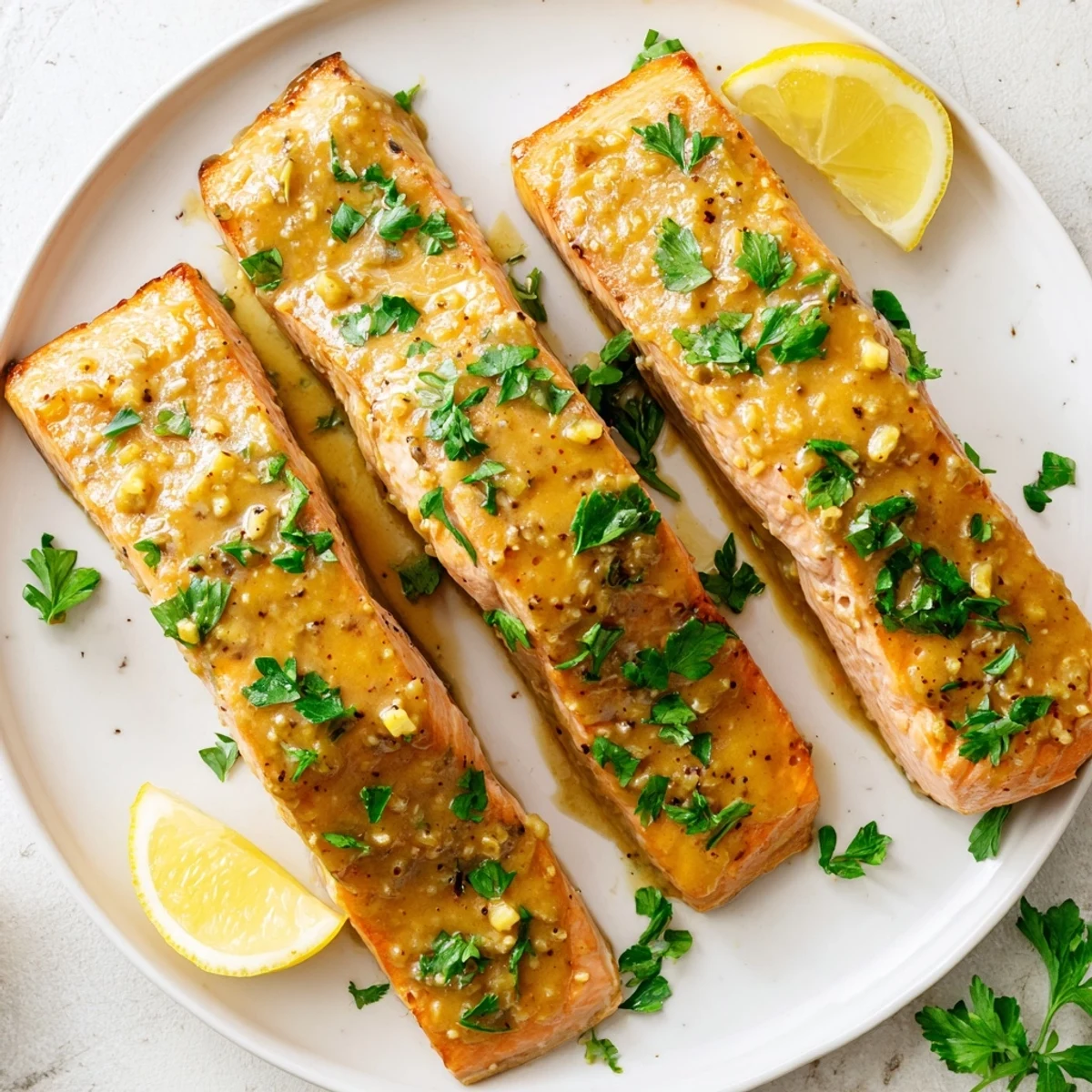 Oven-baked Honey Mustard Salmon served with fresh parsley garnish, ready for a delicious, healthy dinner.