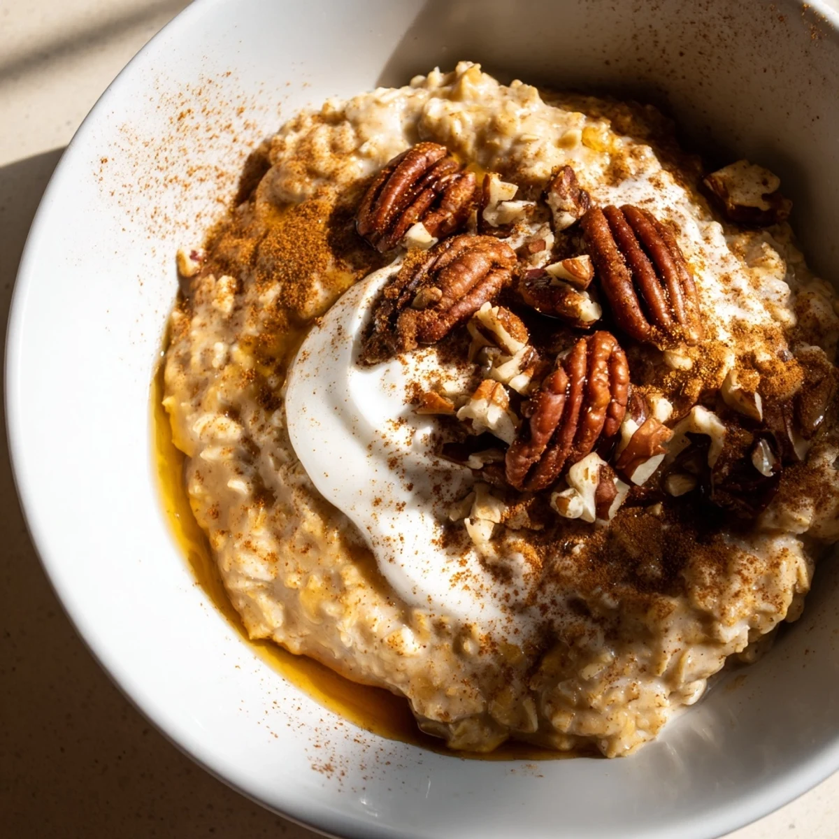 Warm Pumpkin Spice Latte Oats, creamy breakfast topped with whipped cream and chopped pecans.